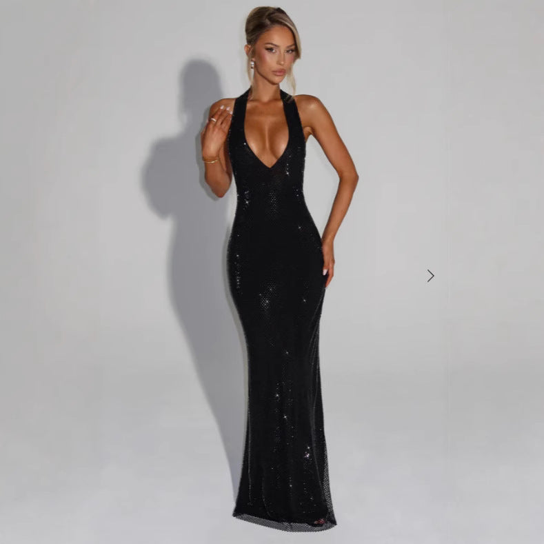Kvinne Shimmering Kveld Dress med Dyp V-Hals og Figur-Tilpasset Snitt