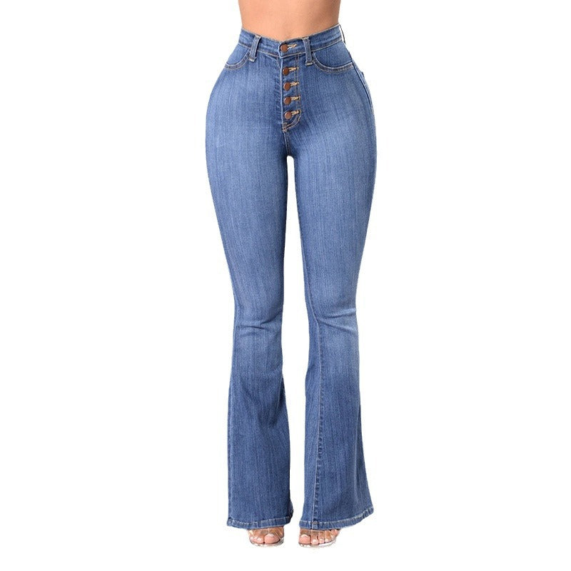 Dame Høytliv Flared Jeans med dekorative knappedetaljer og elastisk midjebånd Skjora