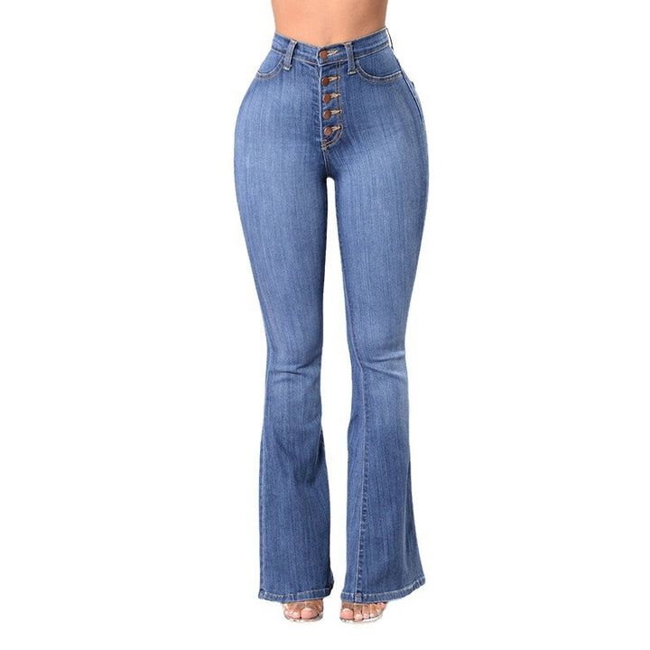 Dame Høytliv Flared Jeans med dekorative knappedetaljer og elastisk midjebånd Skjora