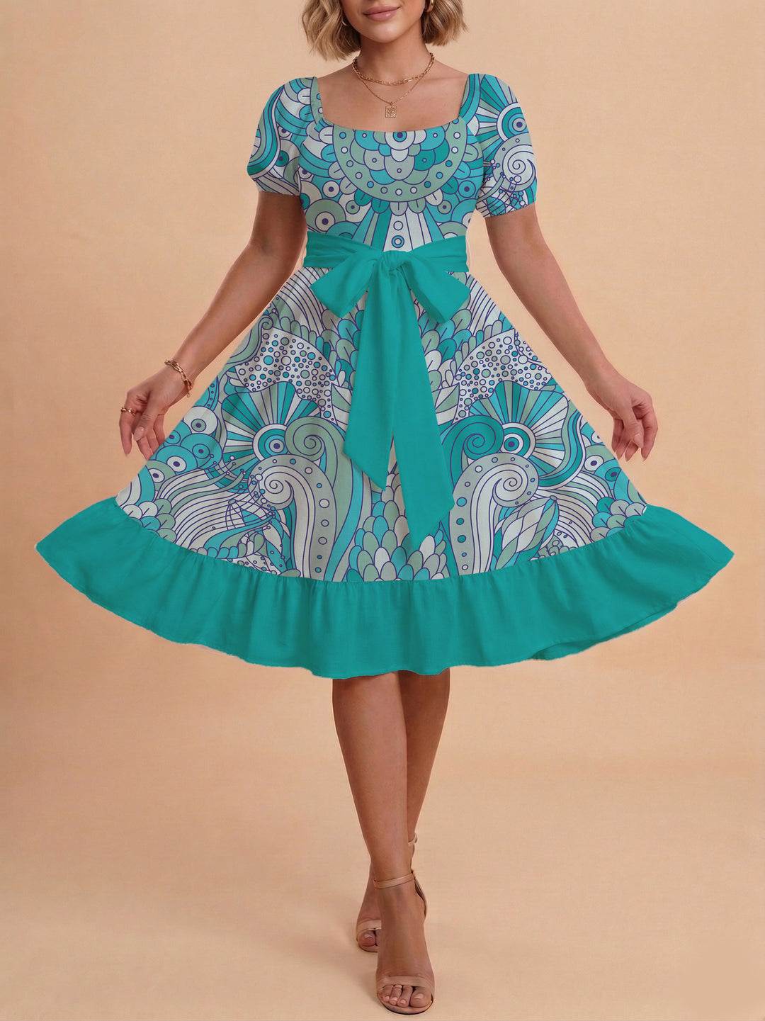 Damen modernes Blumenkleid mit elegantem Taillengürtel und asymmetrischem Saum Skjora