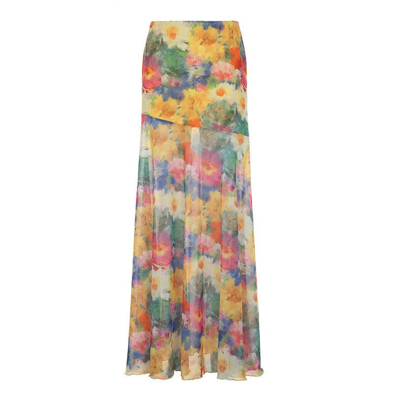 Dame Maxi-skjørt med blomstret chiffon-design og svingende falm Skjora