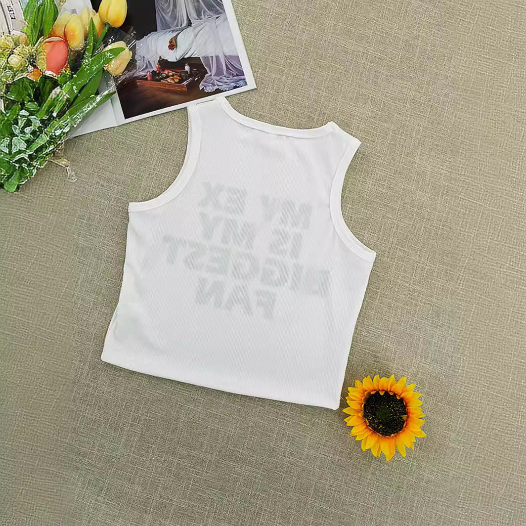 Dame ermeløs Statement-Crop-Top med iøynefallende tekst Skjora