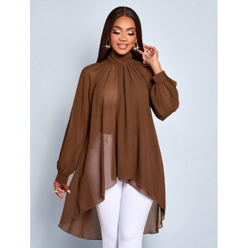 Dame Elegant Langermet Bluse med asymmetrisk nederkant og stående krage Skjora