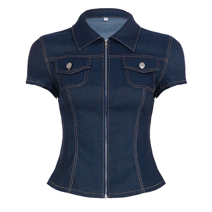 Dame Kortermet Denim-skjorte med moderne glidelåsdetaljer og brystlommer Skjora