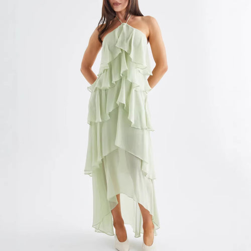 Kvinnes Airy Chiffon Maxi Kjole med Volangdetaljer og Elegant Halterneck Skjora