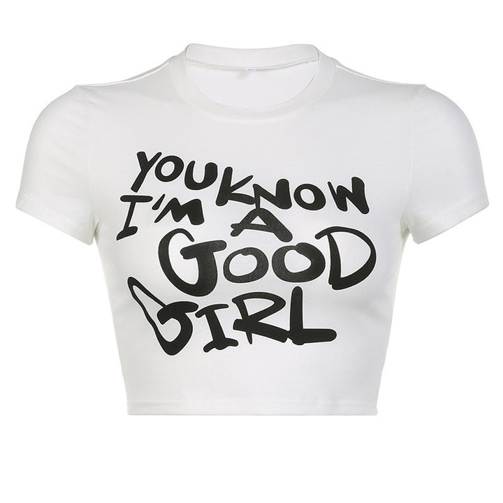 Dame Crop-Top med kreativ grafisk design og moderne skrift Skjora