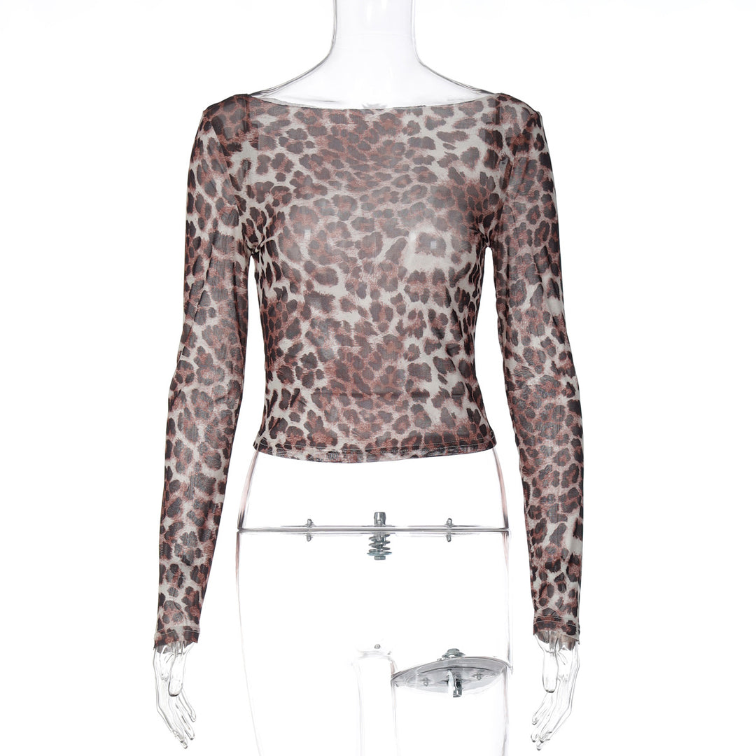 Dame Gjennomsiktig Langermet Bluse med Leopardmønster Skjora