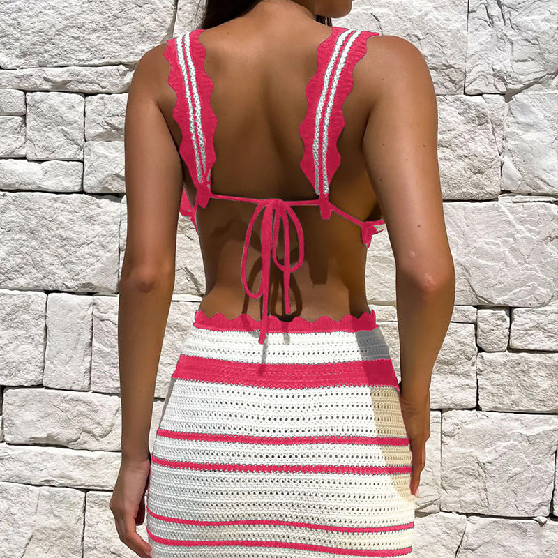 Damen Häkel-Crop-Top und Maxirock Set Skjora