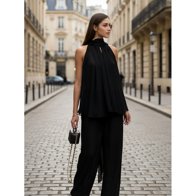 Damer Elegant chiffon topp med dyp vannfallutskjæring og flytende stoff Skjora