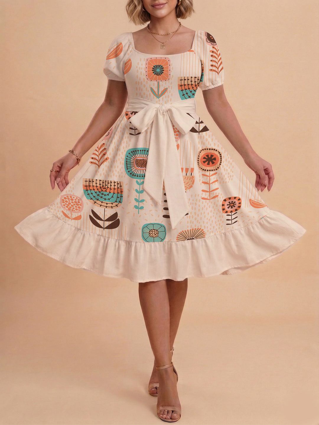 Damen Sommerkleid mit floralem Puffärmel und taillierbarem Gürtel Skjora