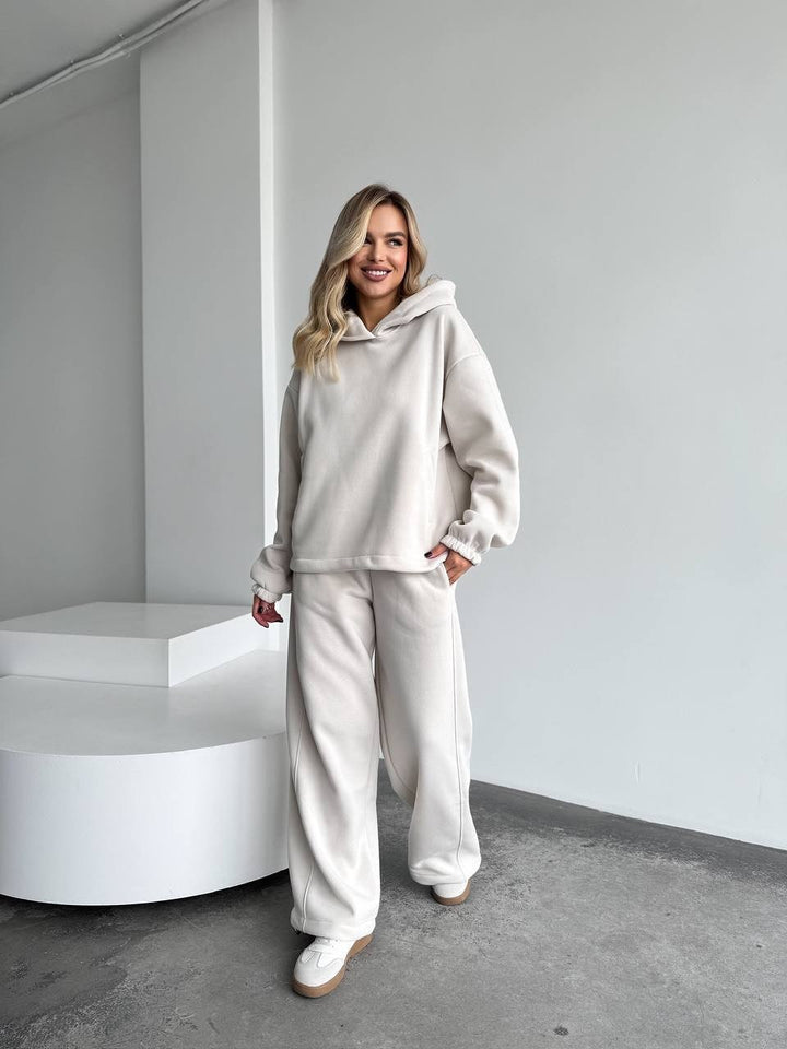 Kvinne myk fleece hettegensere og løse joggebukse sett Skjora