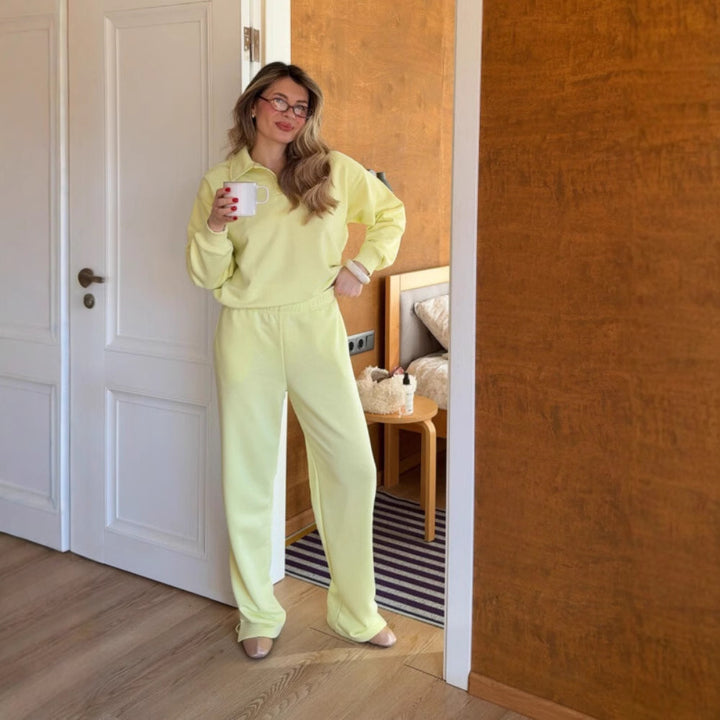 Dame sporty lounge-set med polo-krage og vide bein Skjora