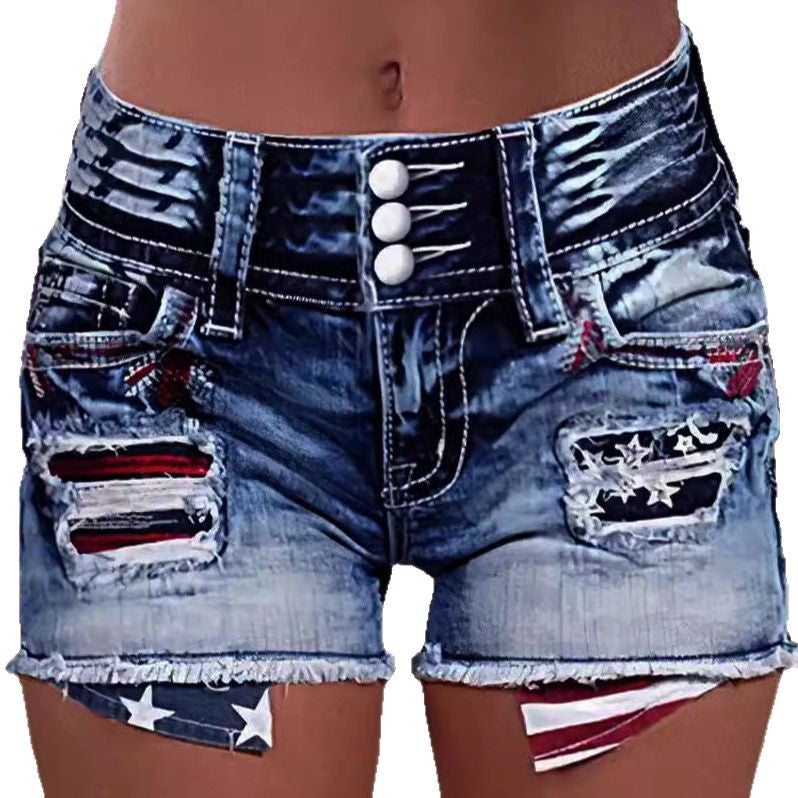 Dame Cargo-shorts med stilige rifte detaljer og patriotiske applikasjoner Skjora