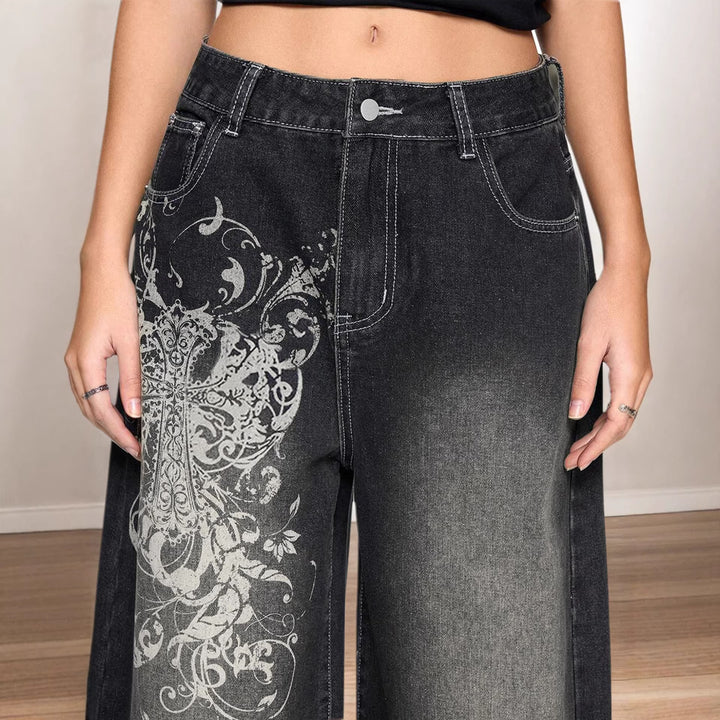Damer Bred Denim-bukser med iøynefallende grafisk trykk Skjora