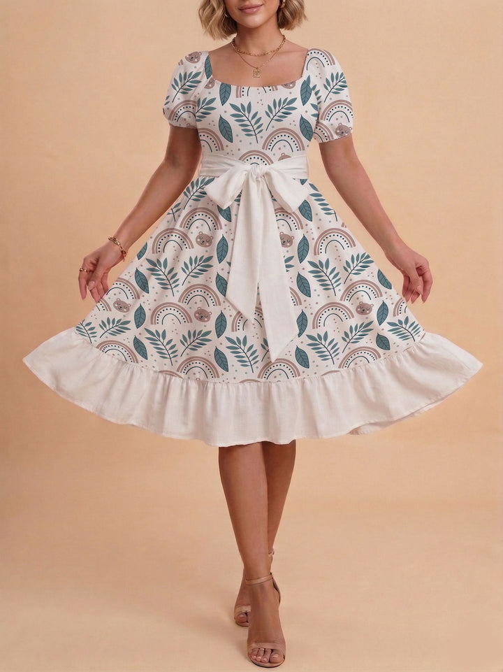 Damen Verspieltes Maxikleid mit Bärenmuster und taillierbarem Band Skjora