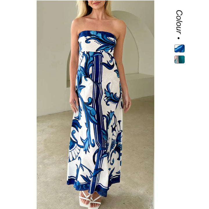 Kvinnenes Bandeau Maxi Kjole med Elegant Blomsterprint og Flytende Snitt