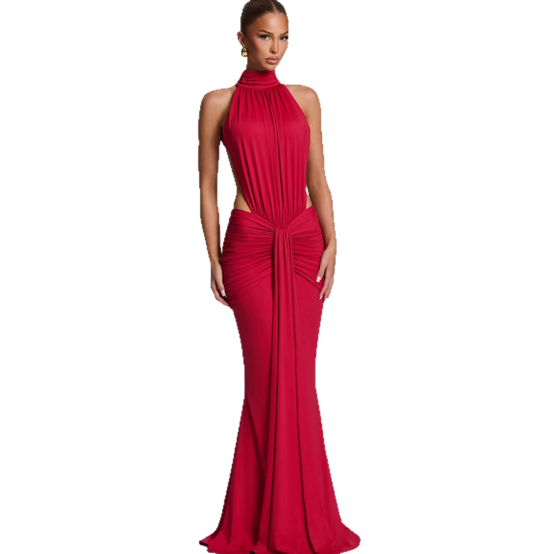 Damer Elegant Maxi Kjole med Stilig Halter Design og Sofistikert Draperingselement Skjora