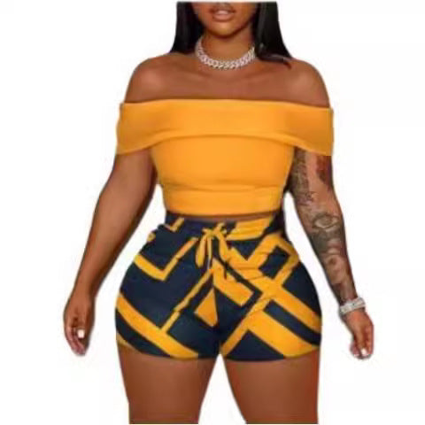 Dame Off-Shoulder Top og Høy Midje Shorts Sett Skjora