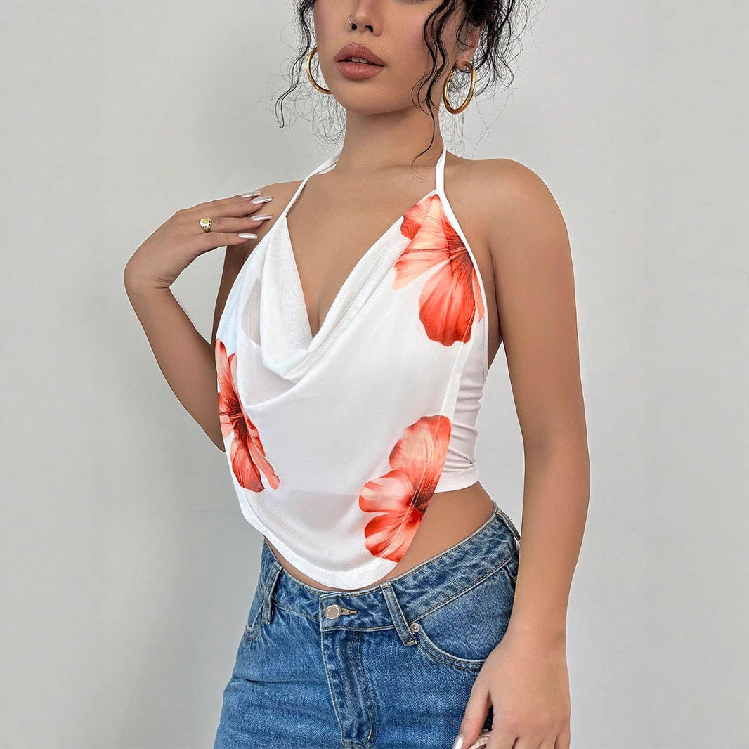Dame bluse topp med dyp V-hals og blomsterdesign Skjora