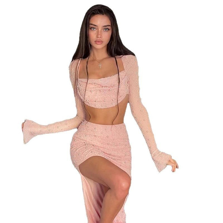 Dame Elegant Crop-Topp med lange, transparente ermer og glitrende akenter Skjora