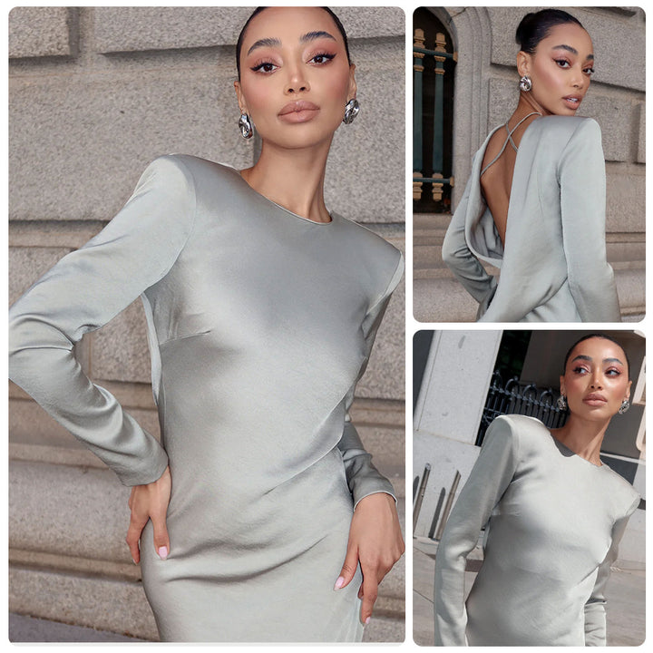 Damer Elegant Langermet Kjole med Glitrende Satin Yttermateriale og Figurformet Silhuett Skjora