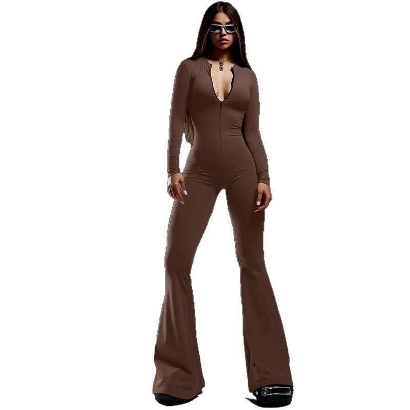 Dame Figurtilpasset Jumpsuit med dyp V-hals og utsvingte ben Skjora