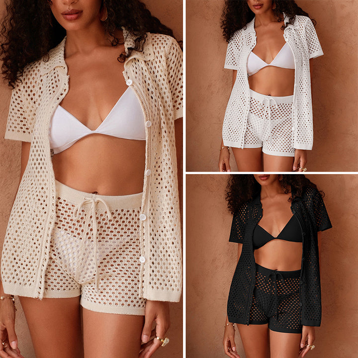 Damen luftiges Häkel-Set mit knöpfbarem Shirt und Shorts Skjora