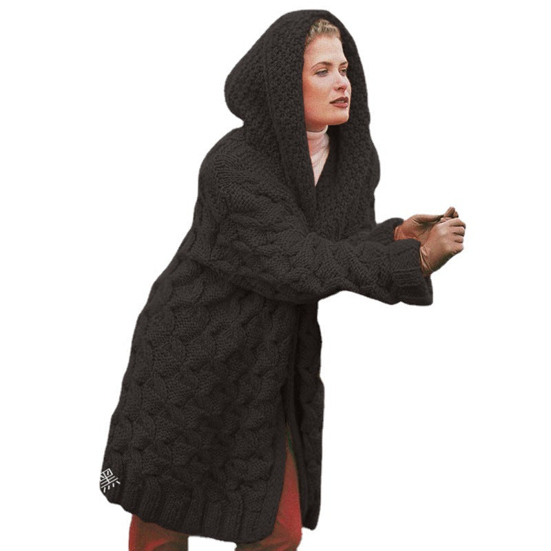 Dame chunky strikket cardigan med hette og teksturert mønster Skjora