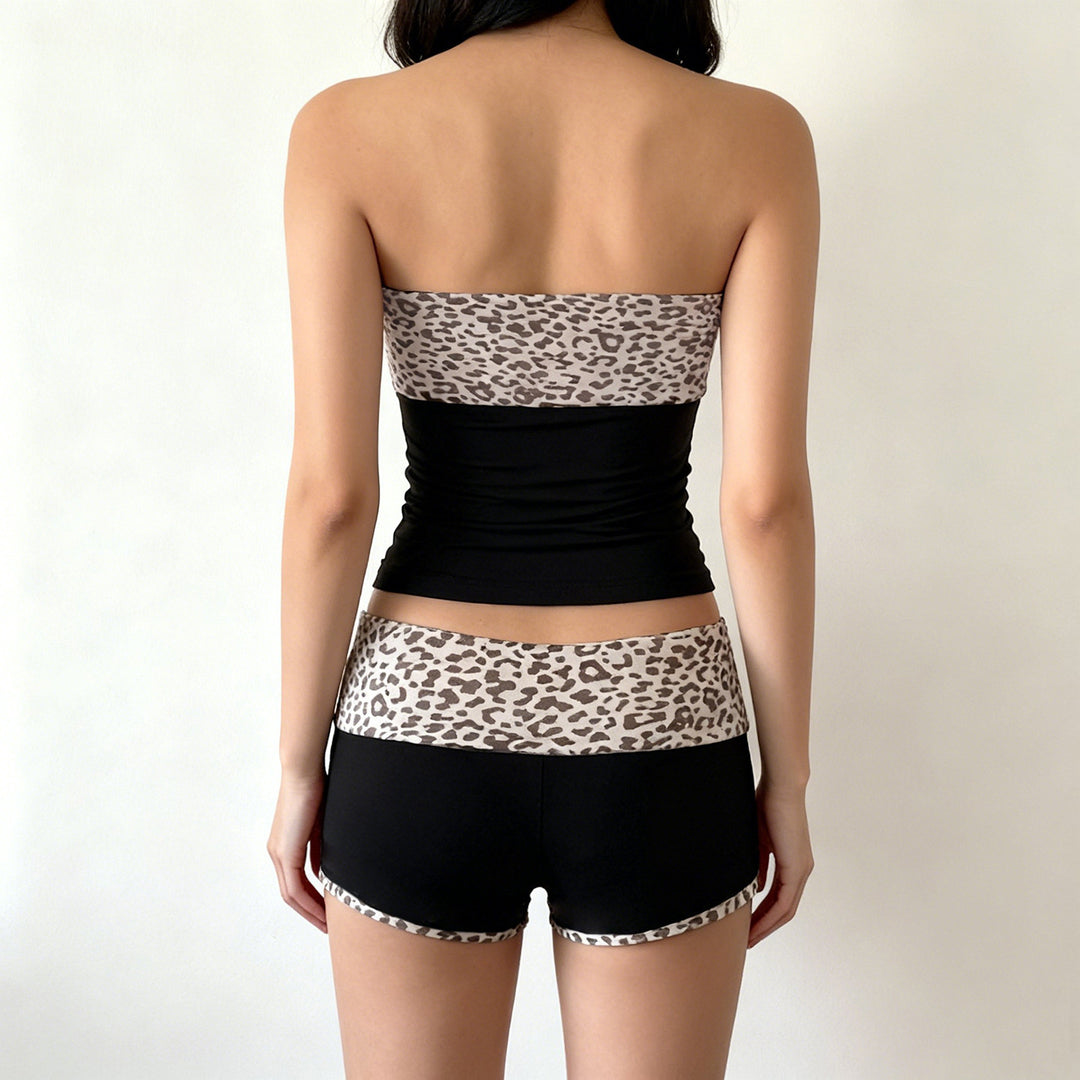 Dame Bandeau-bikini-sett med moteriktig leopardmønster og behagelige shorts Skjora