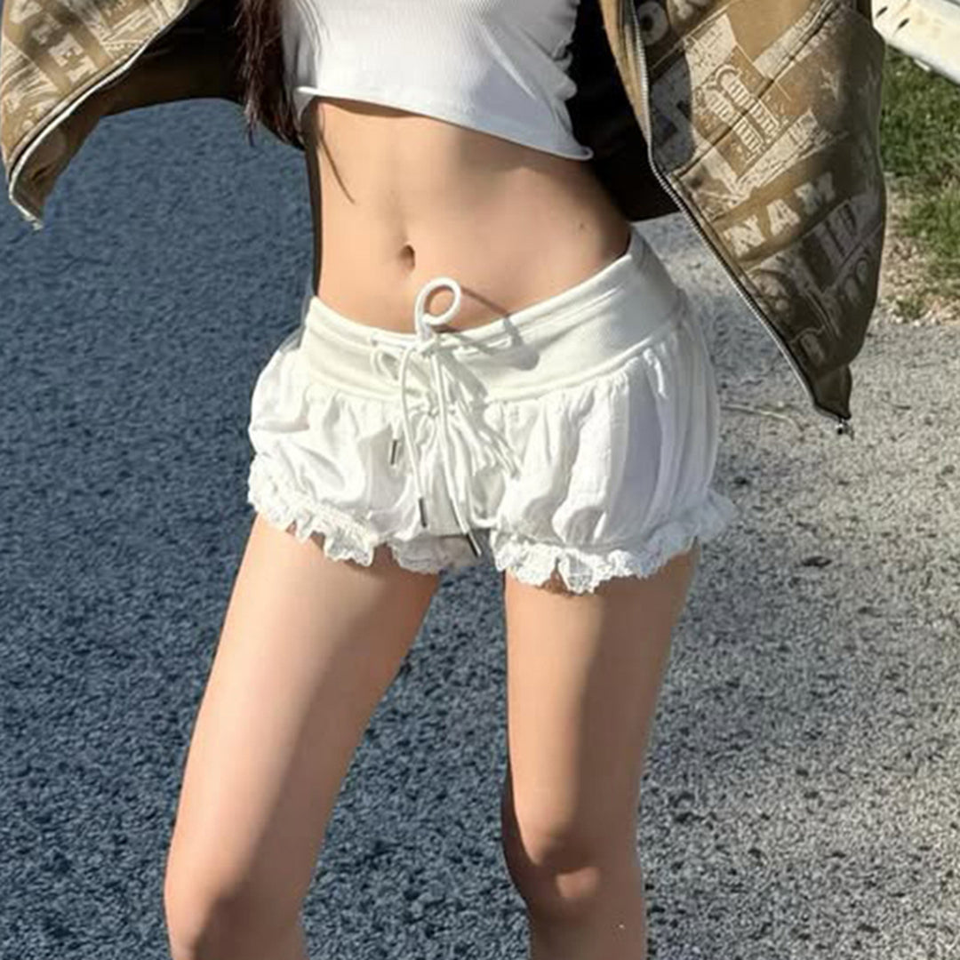 Dame stilige rutete stoff-pyjama-short med blonder og elastisk midje Skjora