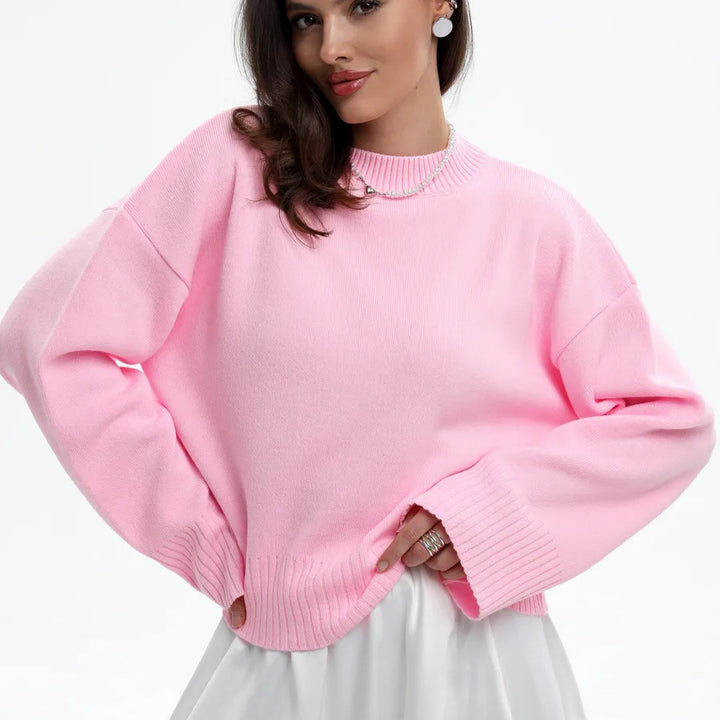 Kvinnes casual oversized genser med forkortede ermer og teksturert strikkemønster Skjora
