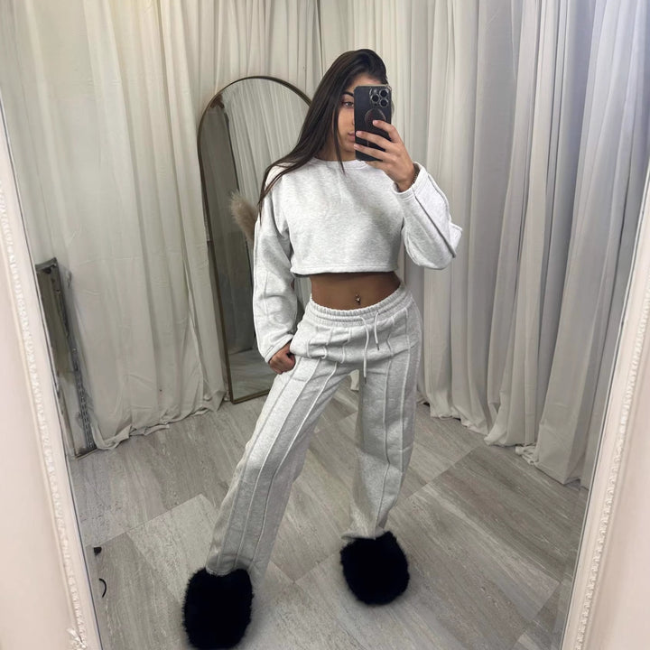 Dame Casual Crop Hoodie og Vid Joggebukse Sett Skjora