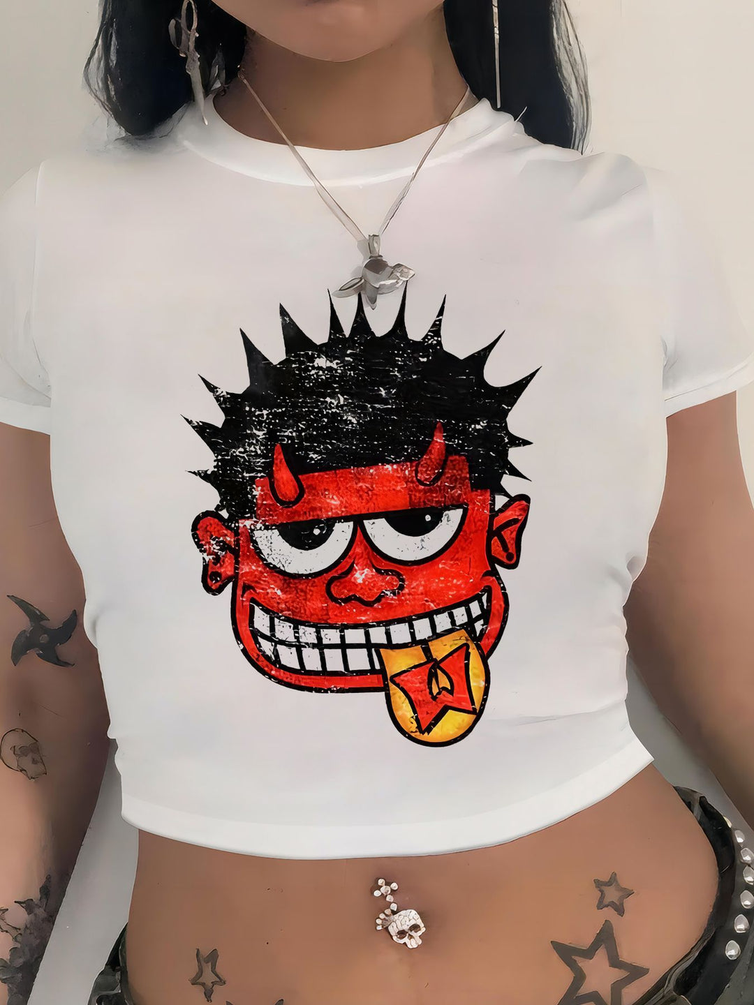 Dame Crop-T-skjorte med kreativt Comic-motiv Skjora