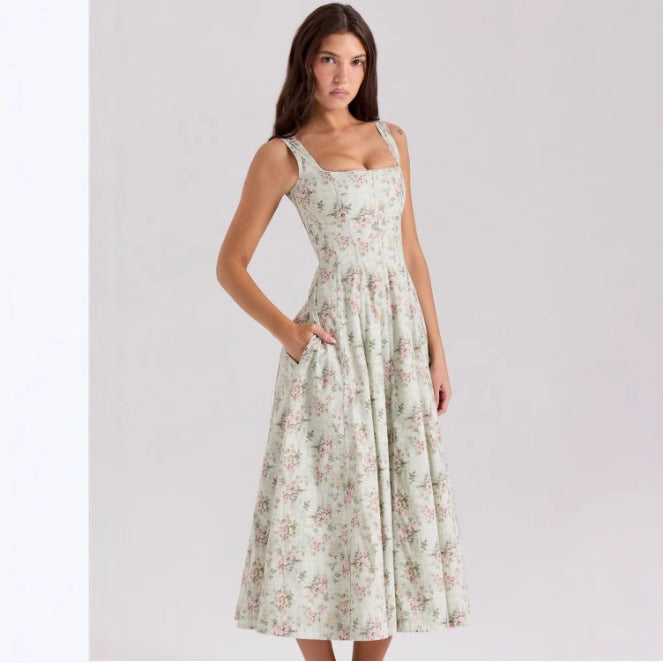 Kvinnes Floral Maxi Kjole med Slanke Stropper og Sidelommer