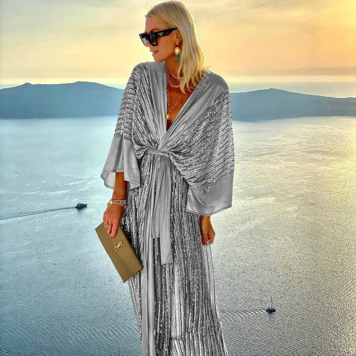 Kvinne Sparkling Maxi Kjole med Elegant Innpakning Design og Flytende Ermer Skjora