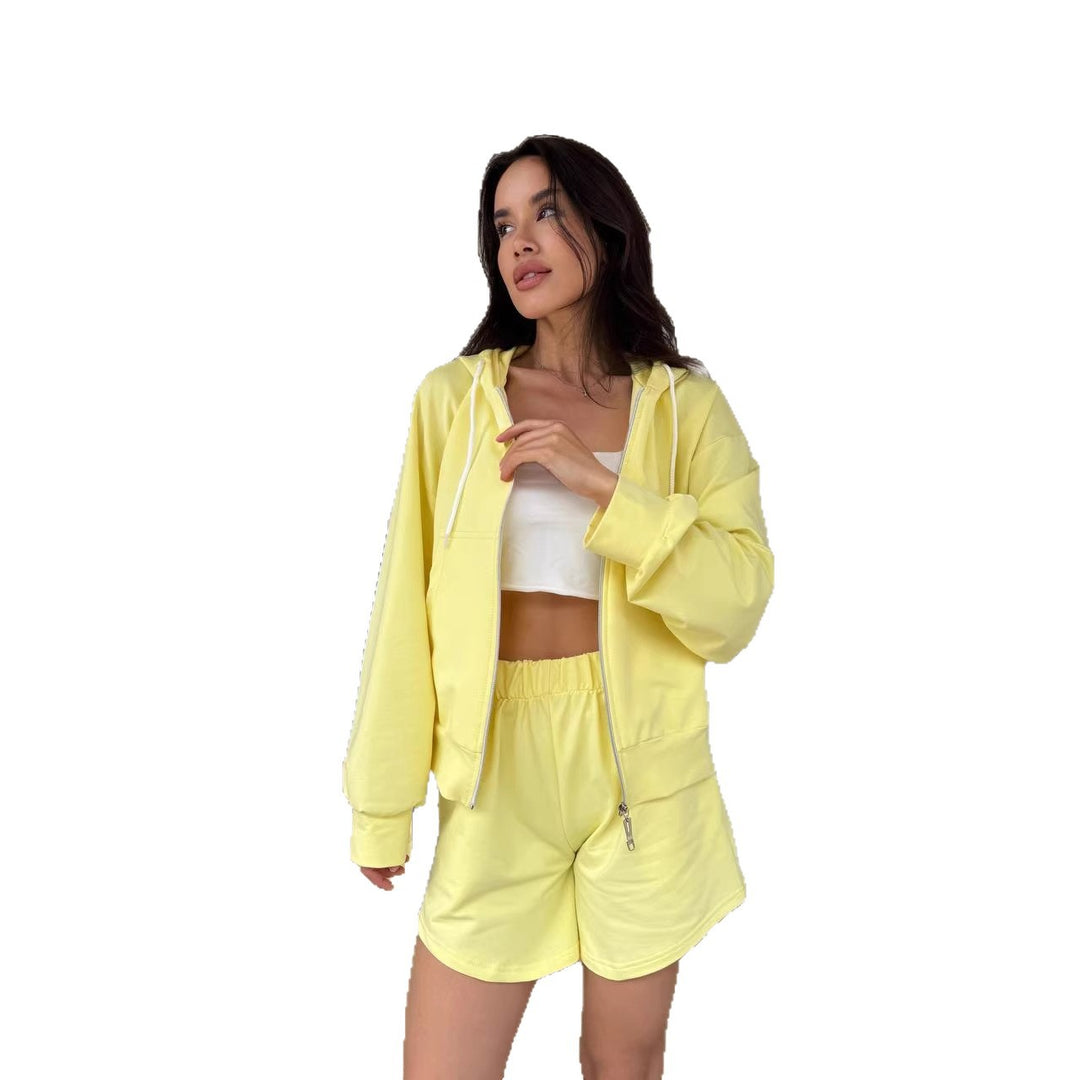 Kvinnes uformell zip hettegenser og shorts sett Skjora