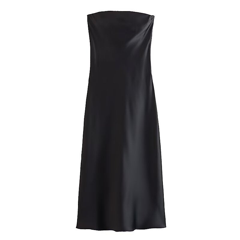 Dame lang kveldskjole i elegant satinslook med stroppeløst design Skjora