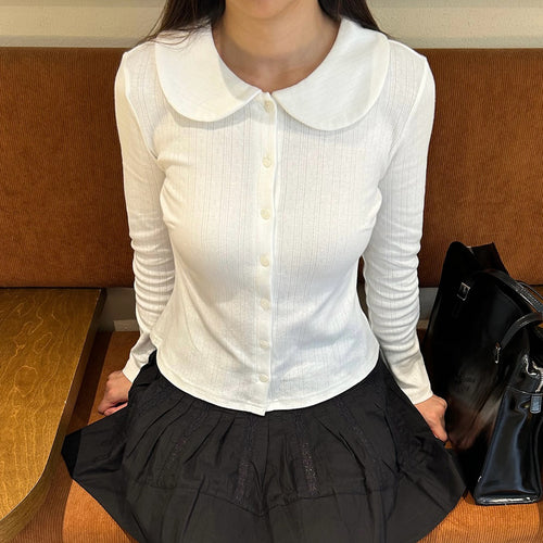 Dame Langermet Crop-Top med stilfull krage og knappestolpe Skjora