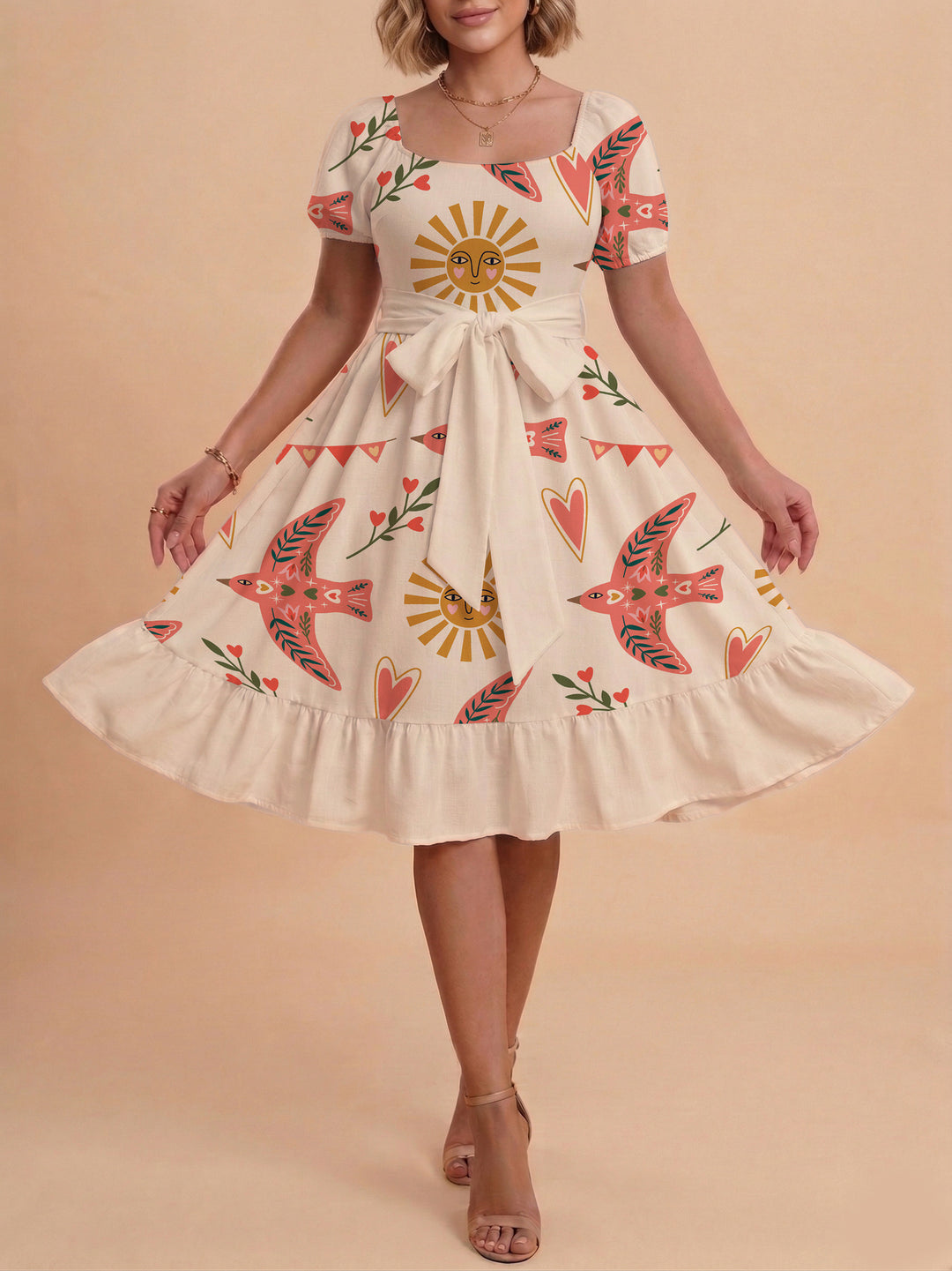 Damen Sommerliches Blumenkleid mit taillierbarem Gürtel und voluminösen Ärmeln Skjora