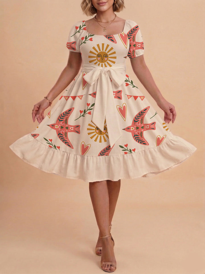 Damen Sommerliches Blumenkleid mit taillierbarem Gürtel und voluminösen Ärmeln Skjora