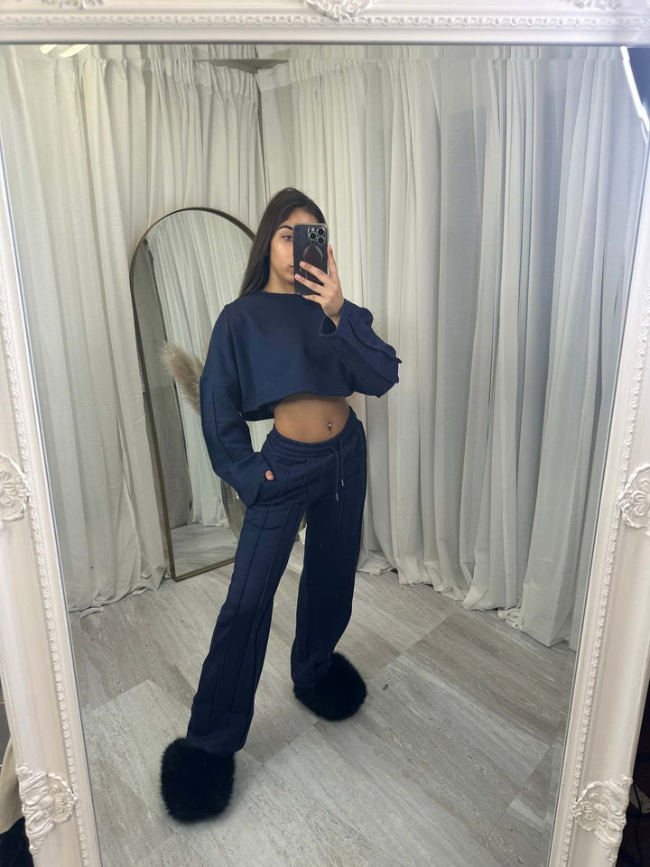 Dame Casual Crop Hoodie og Vid Joggebukse Sett Skjora