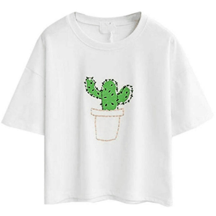 Dame casual T-skjorte med søtt katt- og plante-design Skjora