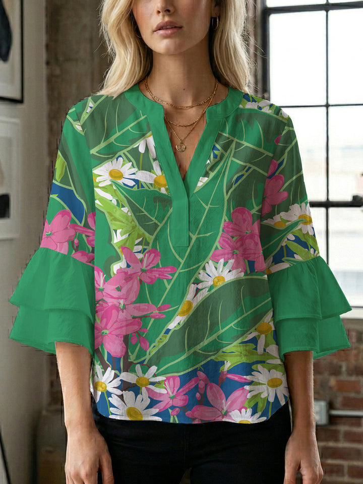 Dame bluse skjorte med voluminøse ermer og blomster mønster Skjora