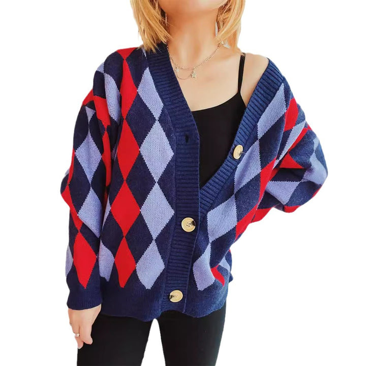 Damer mønstrete cardigan i moderne diamantdesign med store knapper Skjora