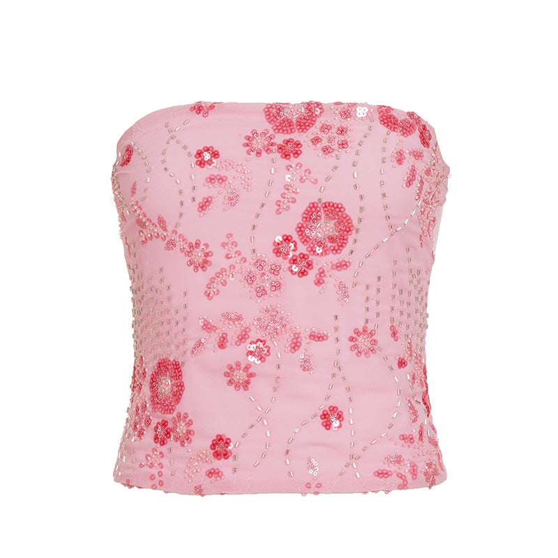 Damer elegant Crop-Top med blomsterbroderi og paljetter Skjora