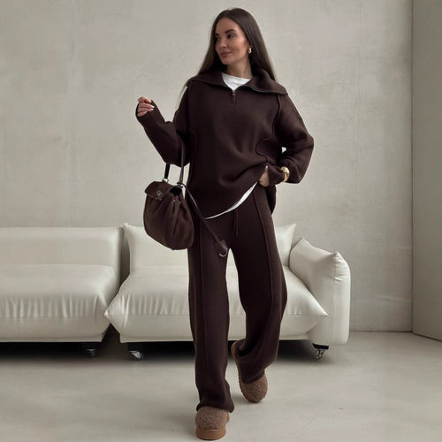 Damer Casual Sweatshirt og Joggebukse Sett med Glidelås og Komfortabel Liv Skjora
