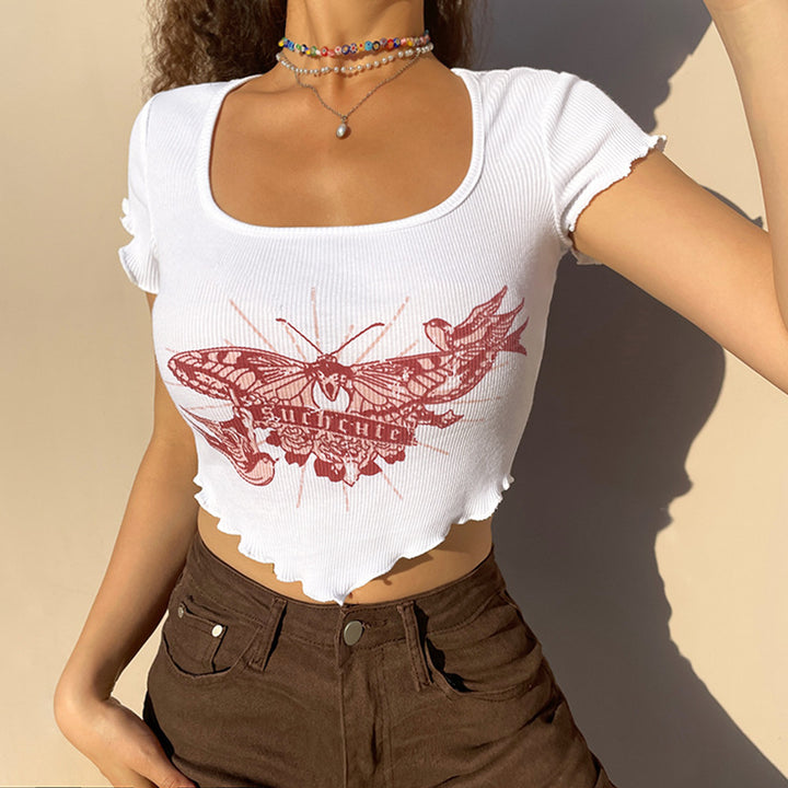 Dame Cropped Top med kreativt sommerfugl-design Skjora