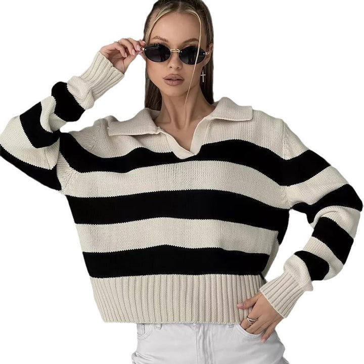 Kvinne casual genser med V-hals og brede striper Skjora