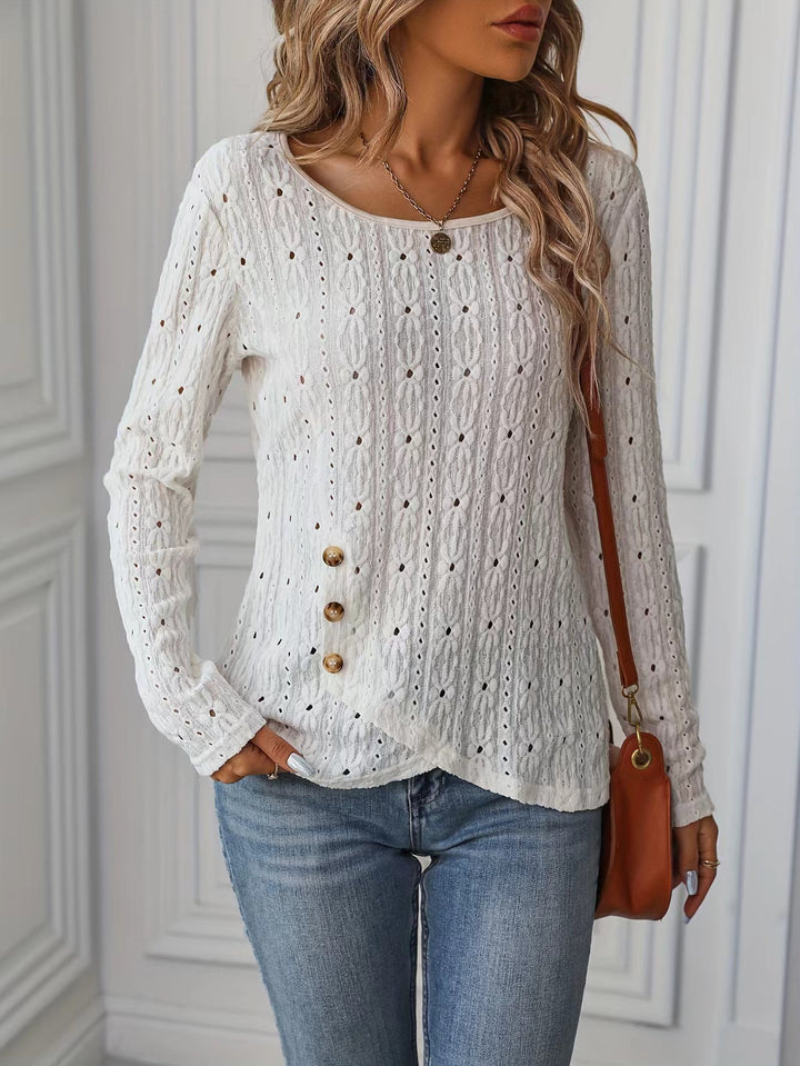 Women's long-sleeved shirt with decorative buttons and textured weave