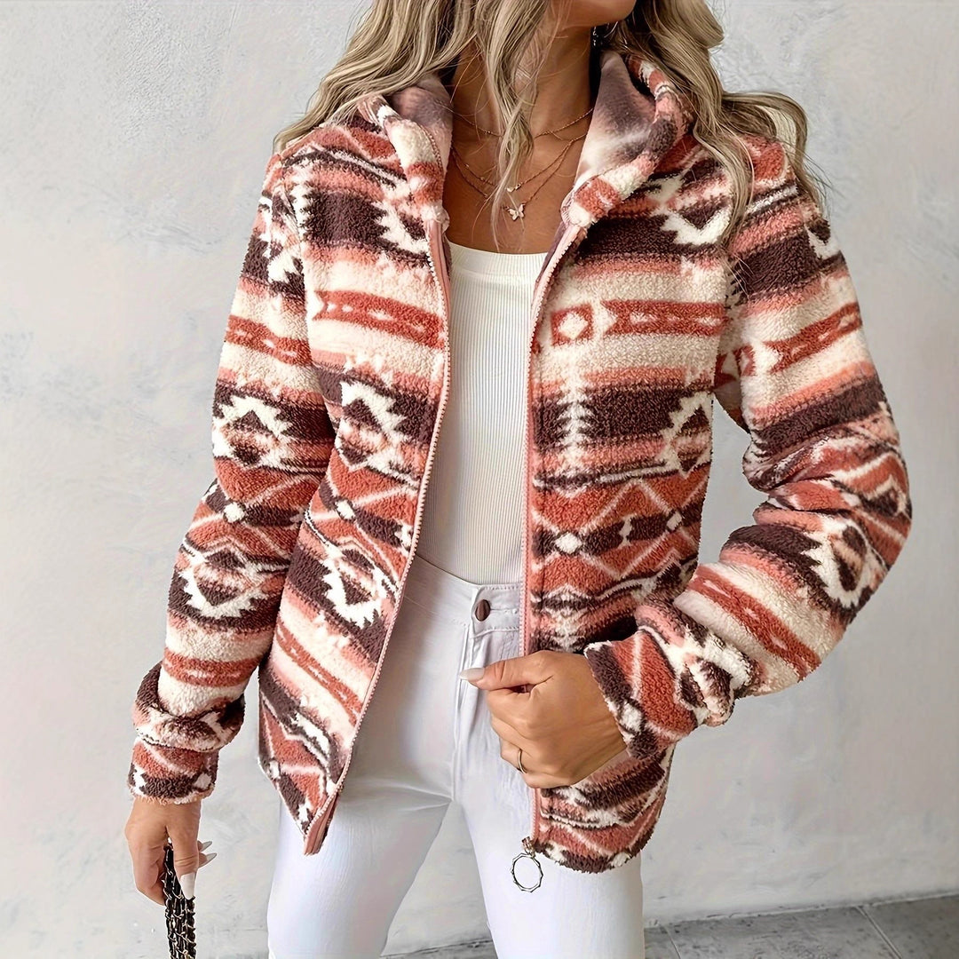 Women's fleece jacket with a tasteful ethnic pattern and practical Skjora zipper